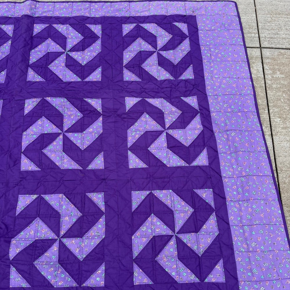 Vtg Patchwork Block Quilt Windmill Pattern 86”x99” Hand Made Cotton Purple
