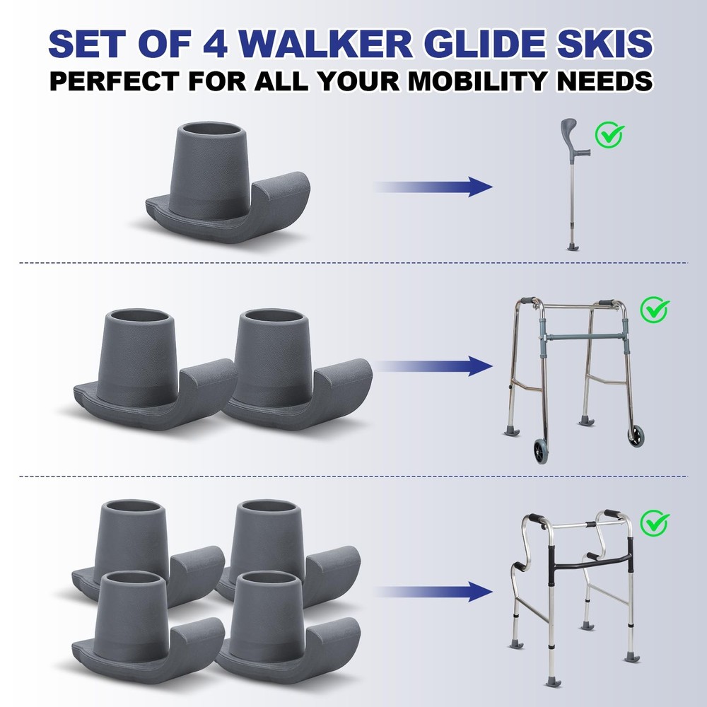 Walker Ski Glides, 4 Pack Durable Glides for Folding 4 Pack, Grey