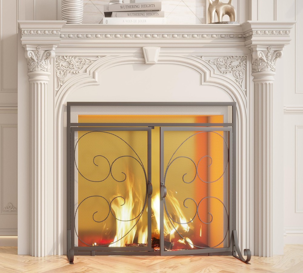 Flat Fireplace Screen with Hinged Doors Handcrafted Wrought Iron Classical Sc...