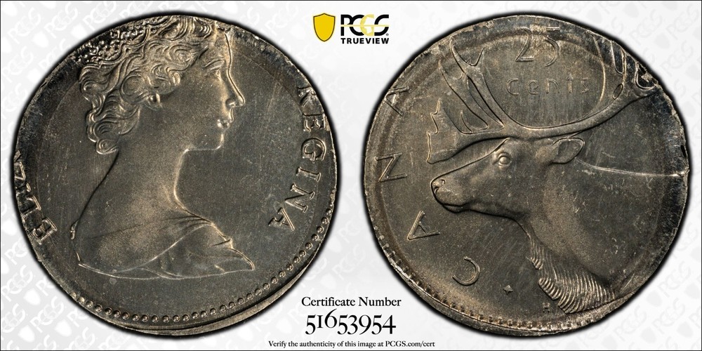 1968-1989 Canada 25 Cent MINT ERROR, Struck on 10 Cent Planchet - PCGS MS 66