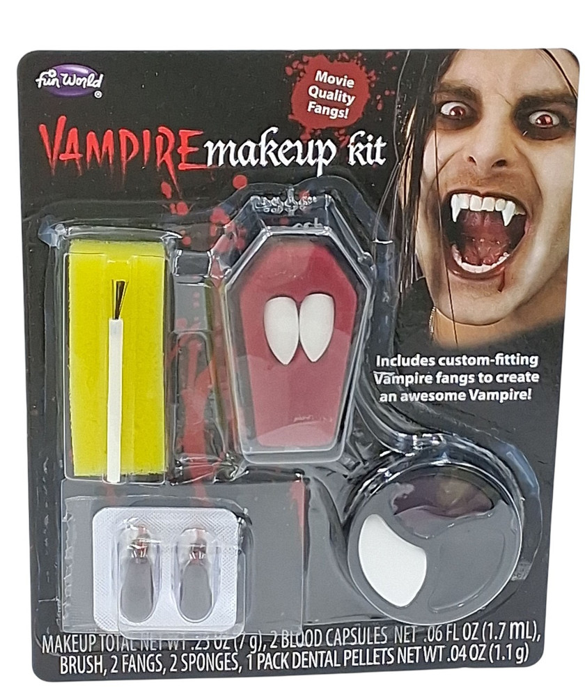Fun World Vampire Makeup Kit Custom Fitting Movie Quality Fangs Blood Capsules