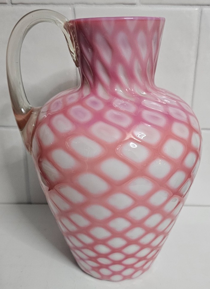 EAPG Victorian Glass Opaque Pink White Lattice Pitcher Jug