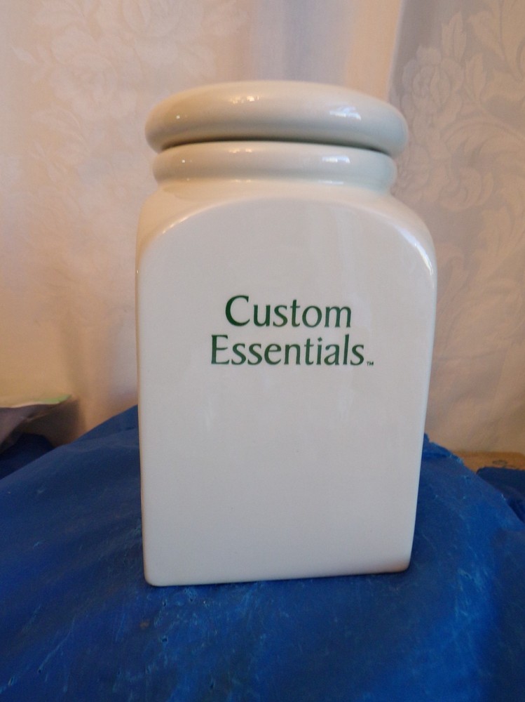 White P & S Ceramic Kitchen Canister w/"Custom Essentials" Text