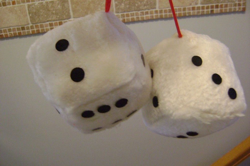 TWO STUFFED HANGING DICE WHITE WITH BLACK DOTS