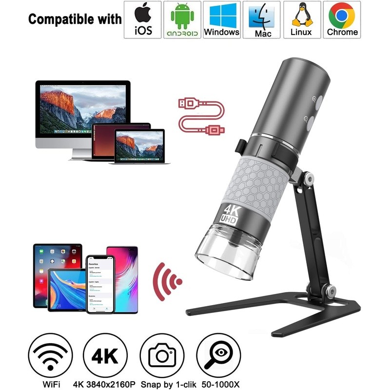 4K WiFi Microscope Portable Handheld LED Magnification Kids Students Engineers