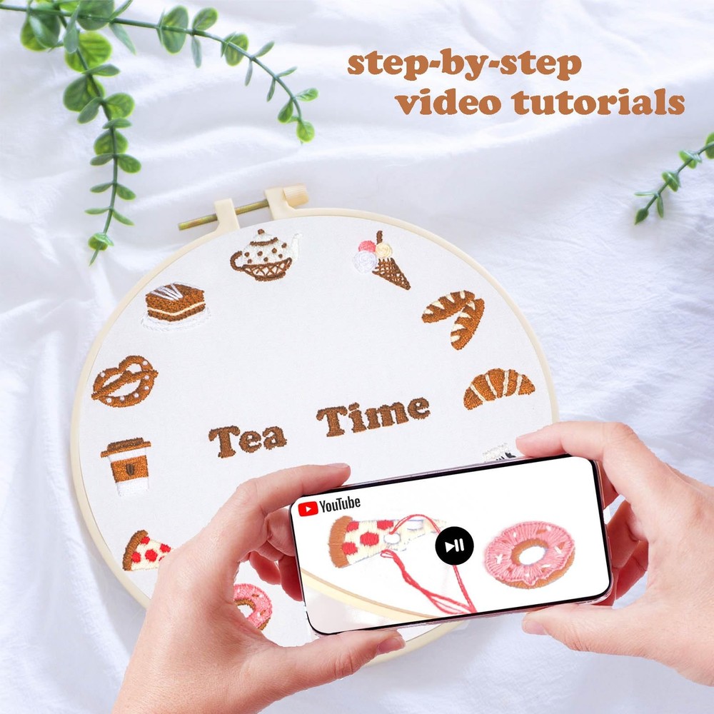 Topapfo Advanced Embroidery Kit with Beginner Tutorials, 9.5 inches, tea time