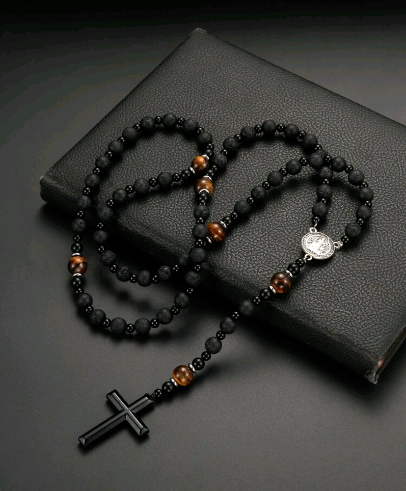 Men's Rosary St. Benedict Medal Black Lava Stone & Tiger Bead