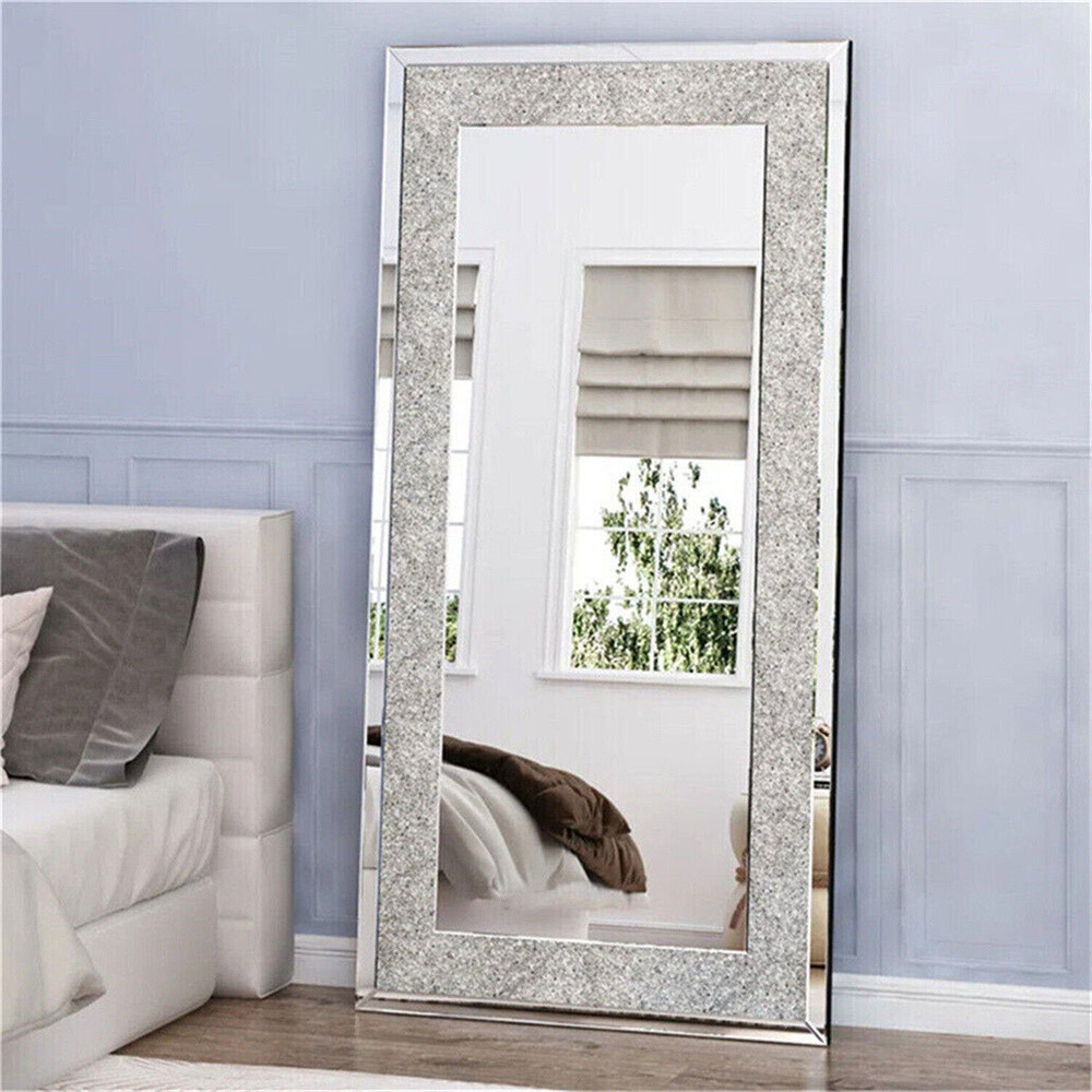 Large Crystal Crush Diamond Rectangle Silver Mirror Wall Hang Frameless Mirror