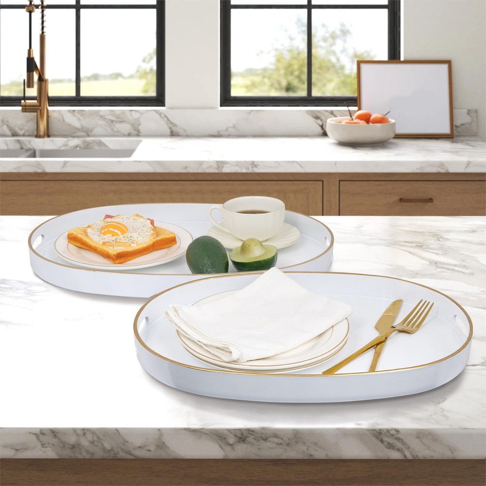 White Oval Decorative Nesting Serving Tray Set Handles Plastic Ottoman 2 PCS