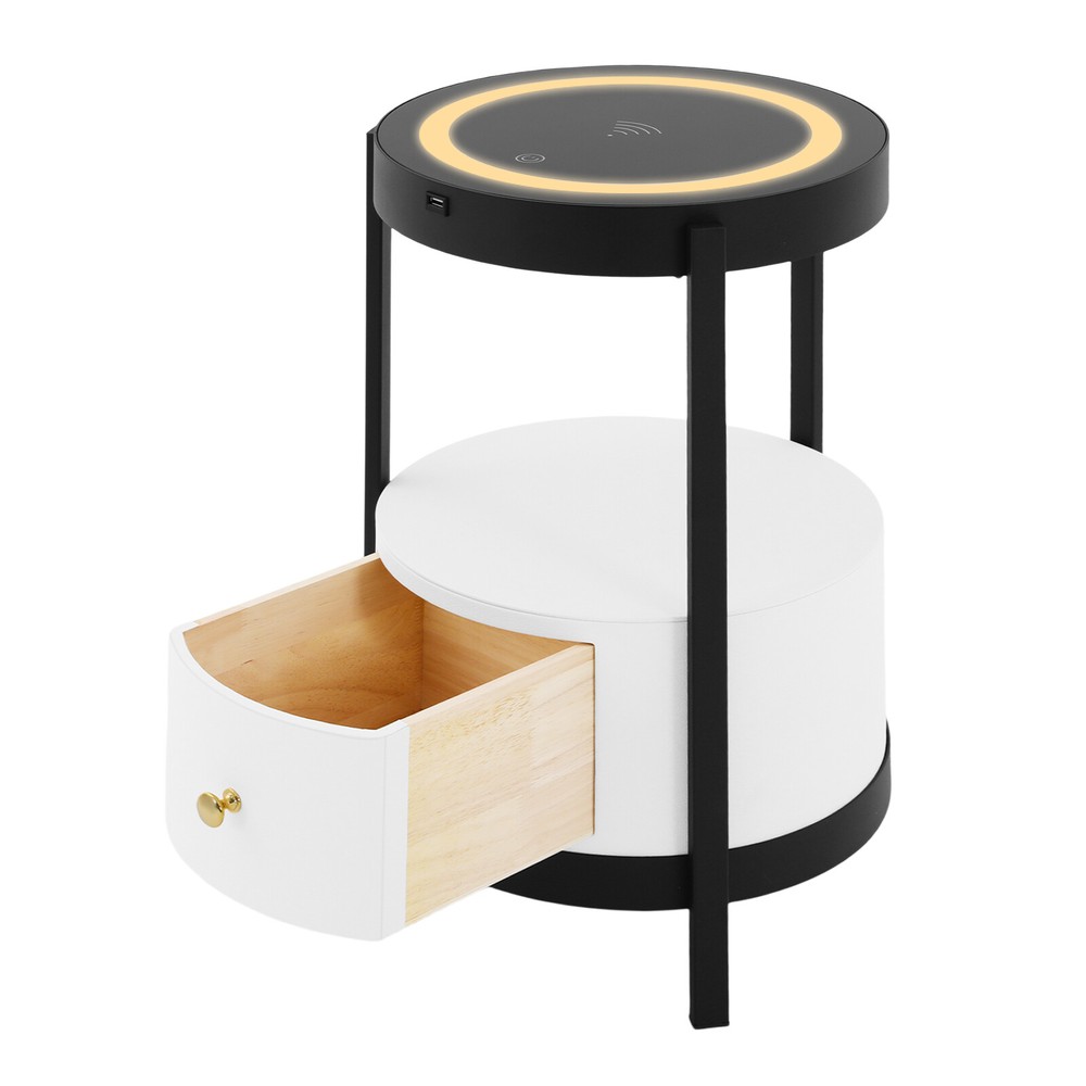 Round Side Table with Wireless Charging, Smart LED Nightstand w/ White Drawer