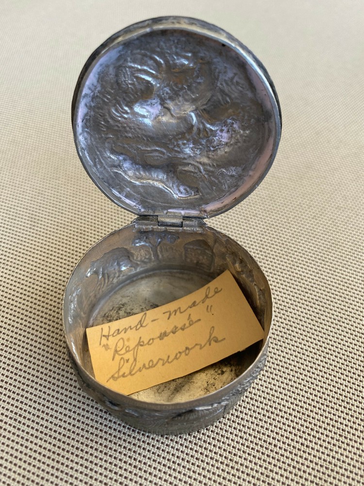 Antique Repousse Silverwork Trinket Patch Box Animals Trees Round Handmade