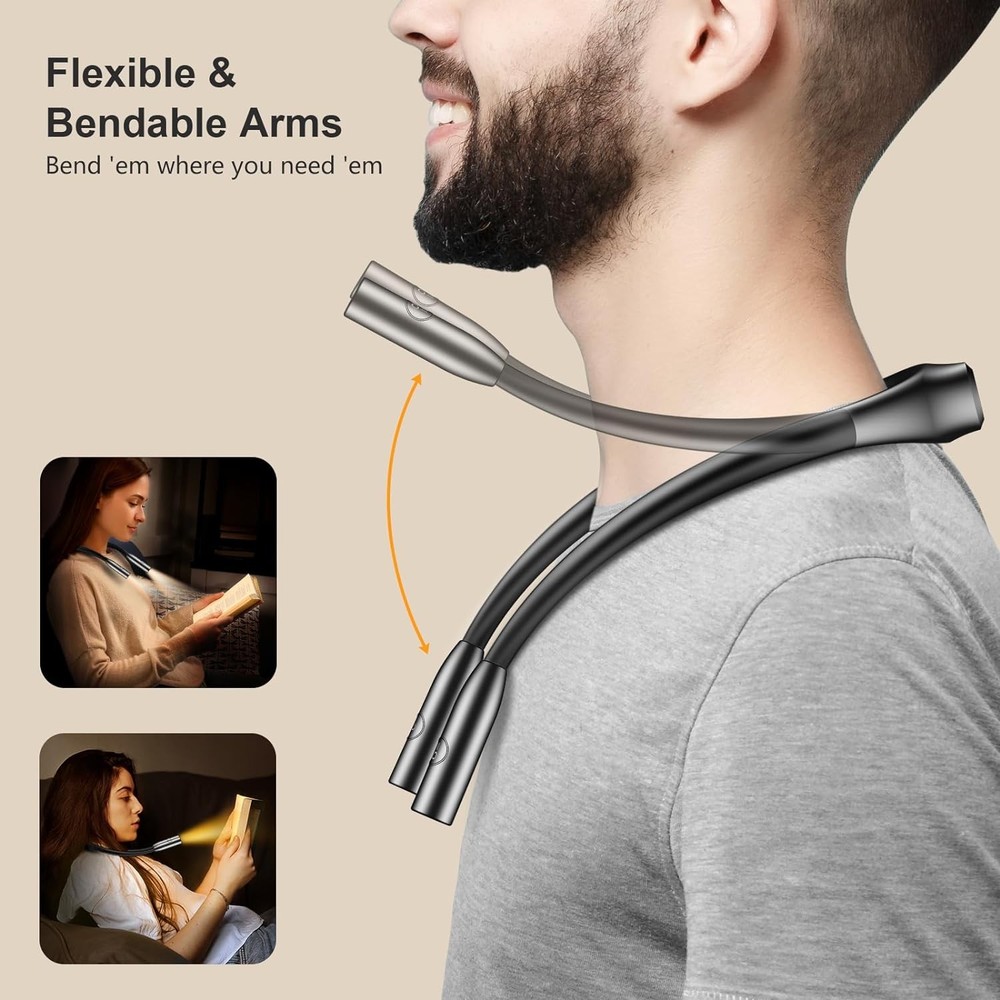 LED Neck Reading Light 3 Color Dimmable Bendable Arms 80Hrs Runtime Bed Book