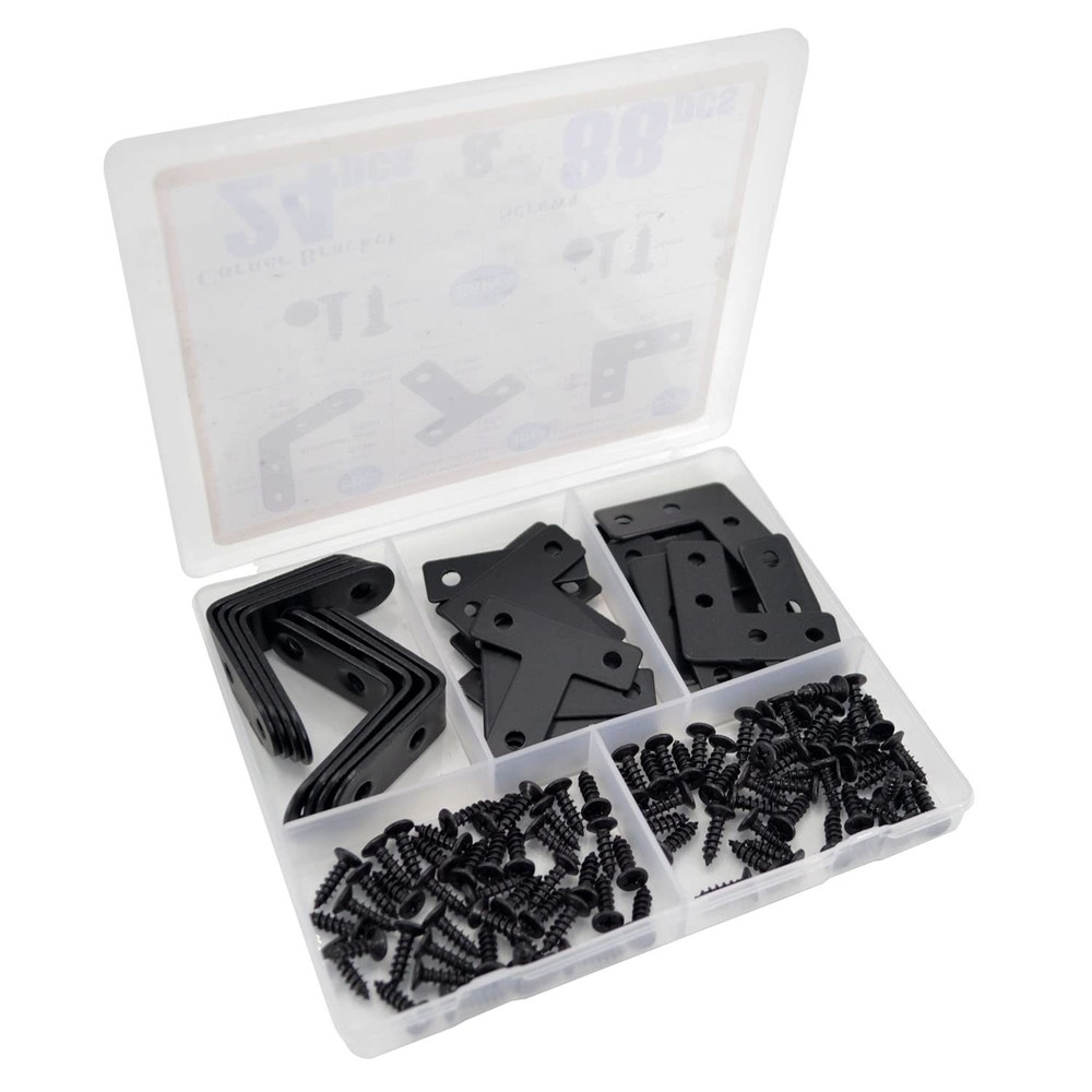 QSJ 24 Pack L Bracket Corner 24Pcs Set (Flat T/L/Solid L), Black