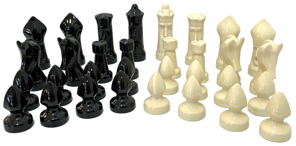 Vintage Ceramic Chess Pieces Set 32 Large White & Black Signed MS On The Bottom