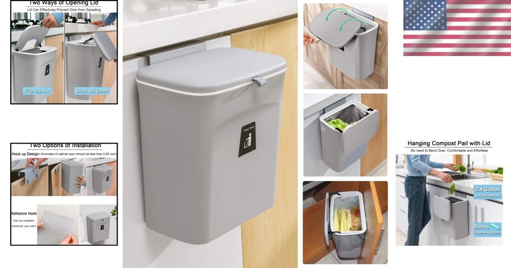 Odorless 2.4-Gallon Kitchen Compost Bin with Lid - Mountable & Stylish Gray
