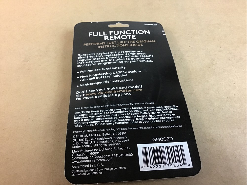 Duracell Keyless Entry Full Function Remote GM 002D, Fits Many 2007-2010 GM