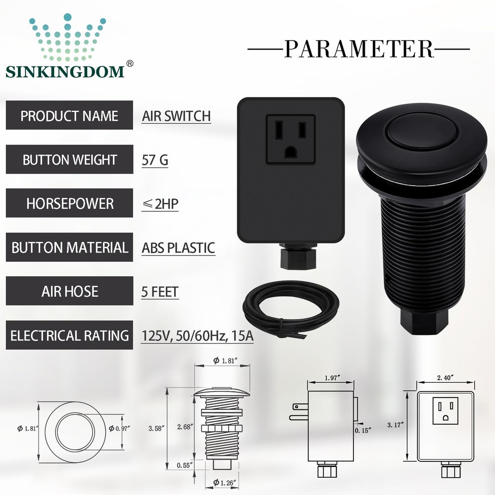 Garbage Disposal Air Switch Kit with Long Button Matte Black Brass Cover