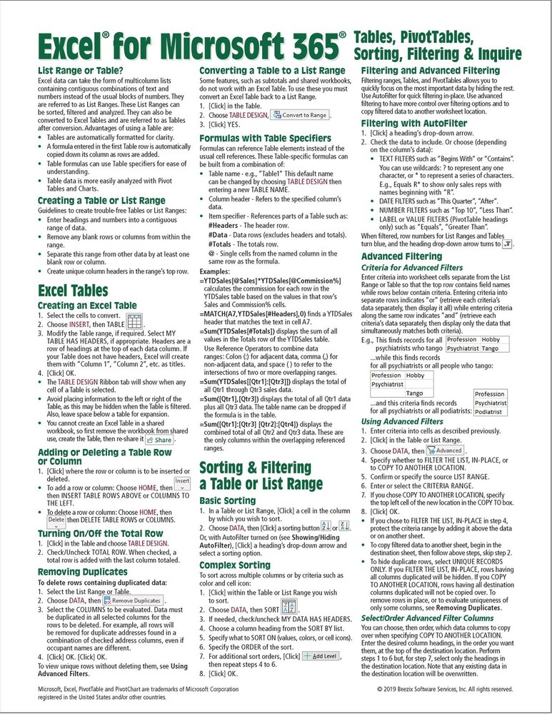 Excel for Microsoft 365 (Office 365) Tables, PivotTables, Sorting, Filtering Qui