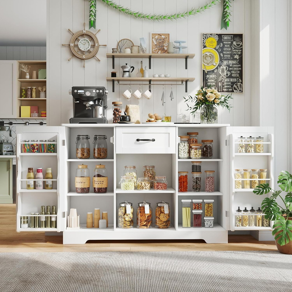 White Kitchen Sideboard Buffet Cabinet with Storage and Shelves