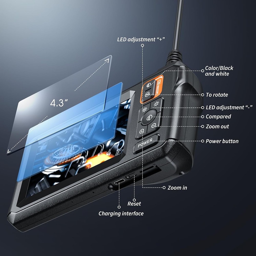 Endoscope Camera with Light, Inspection Borescope Camera with 4.3" IPS Screen, 1