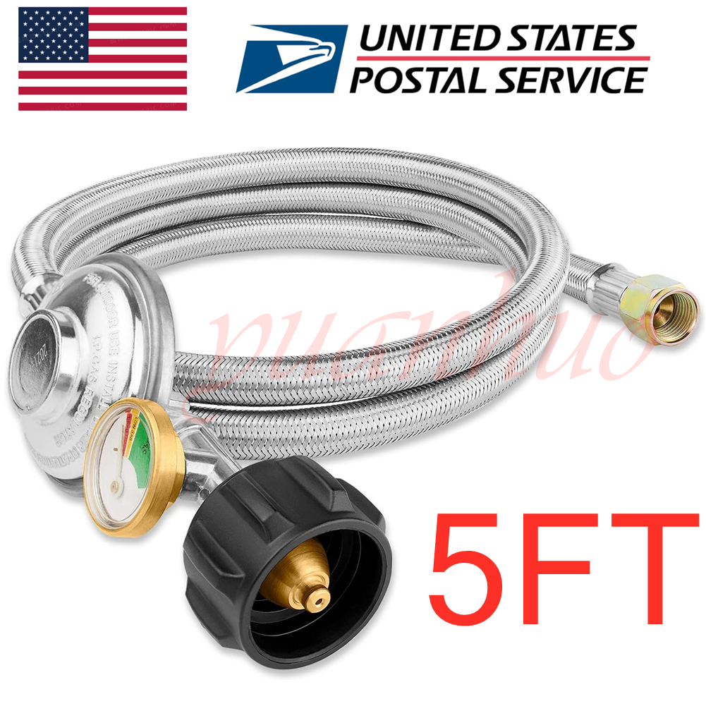 5FT BBQ Grill Low Pressure Propane Regulator Hose w/Gauge for Gas Pit, Stove