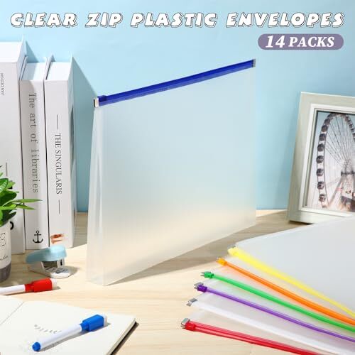 14 Pack Clear Plastic Zip Envelopes A4 Zipper Document Folder Bright Colors