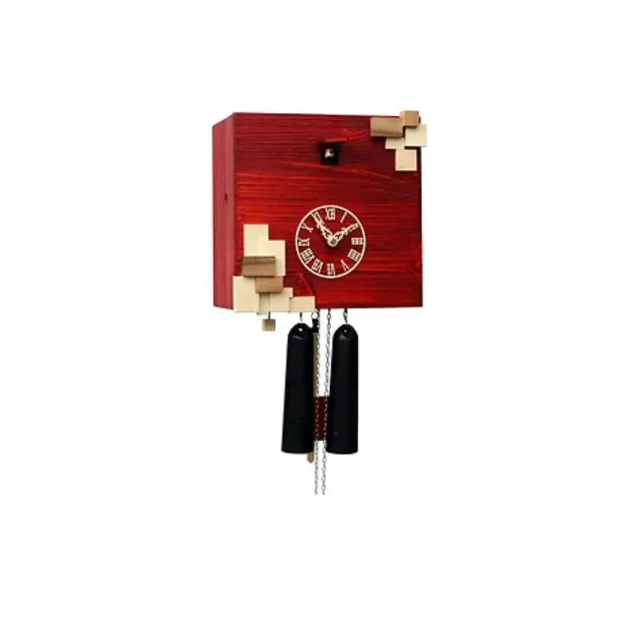 Red Forest Cube Cuckoo Clock with Wooden Cubes, Handmade Solid Wood Cuckoo