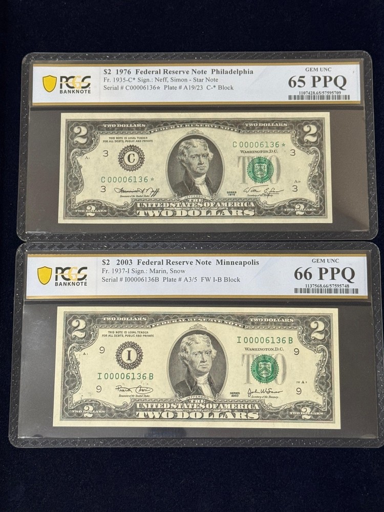 1976/2003 $2*/$2 Matching Serial 00006136*/00006136 2 Notes PCGS Graded 65/66