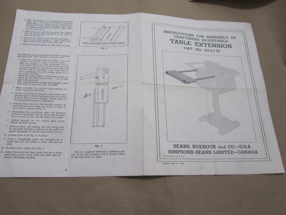 Assembly Instructions Craftsman Adjustable Table Saw Extension Cat. No. 99-2178