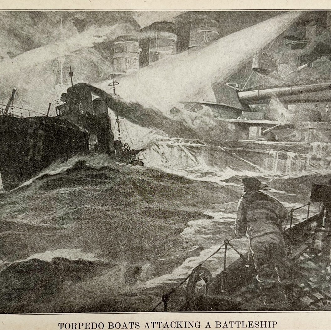 1914 WW1 Print Torpedo Boats Attack Battleship Antique Military Collectible