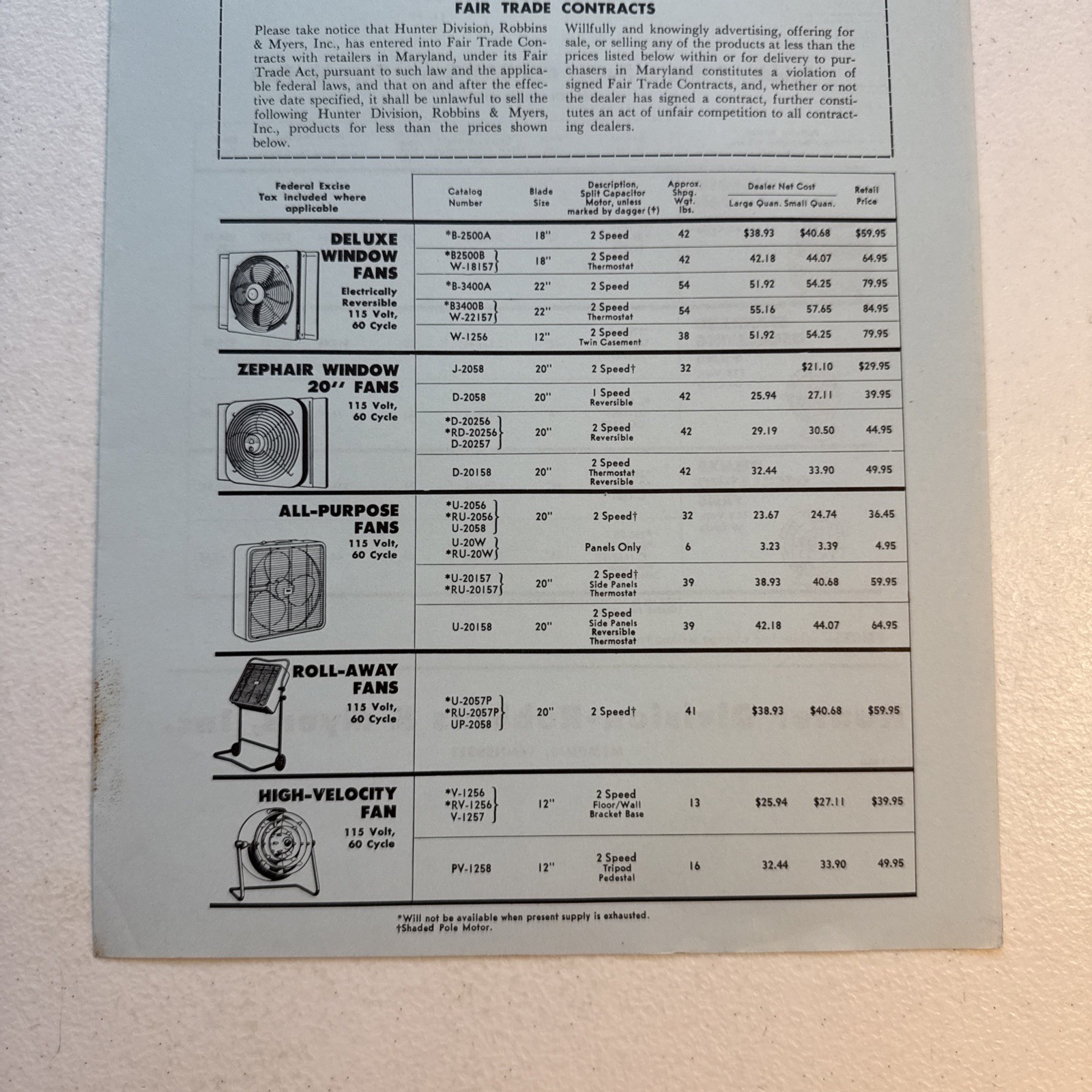 Hunter Division-Robbins & Myers, Inc. Portable Fans Dealer Price List 1957