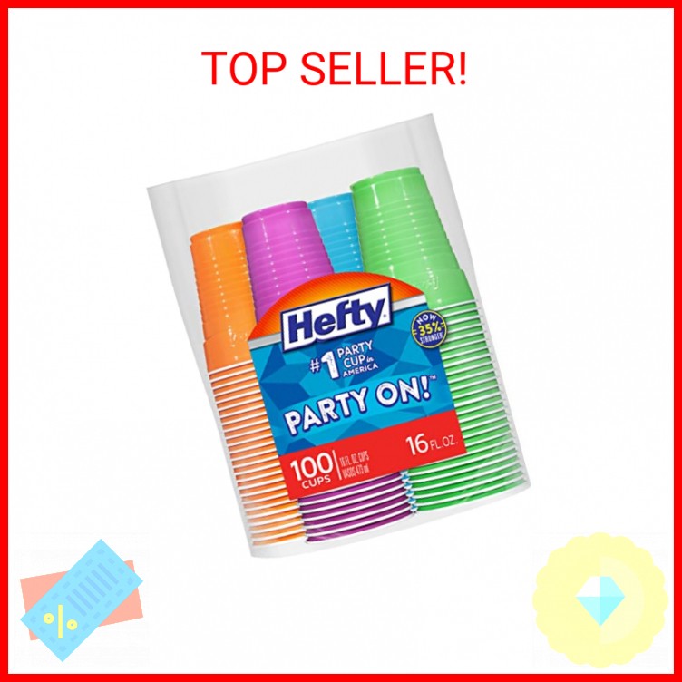 Hefty Party On Disposable Plastic Cups, Assorted, 16 Ounce, 100 Count