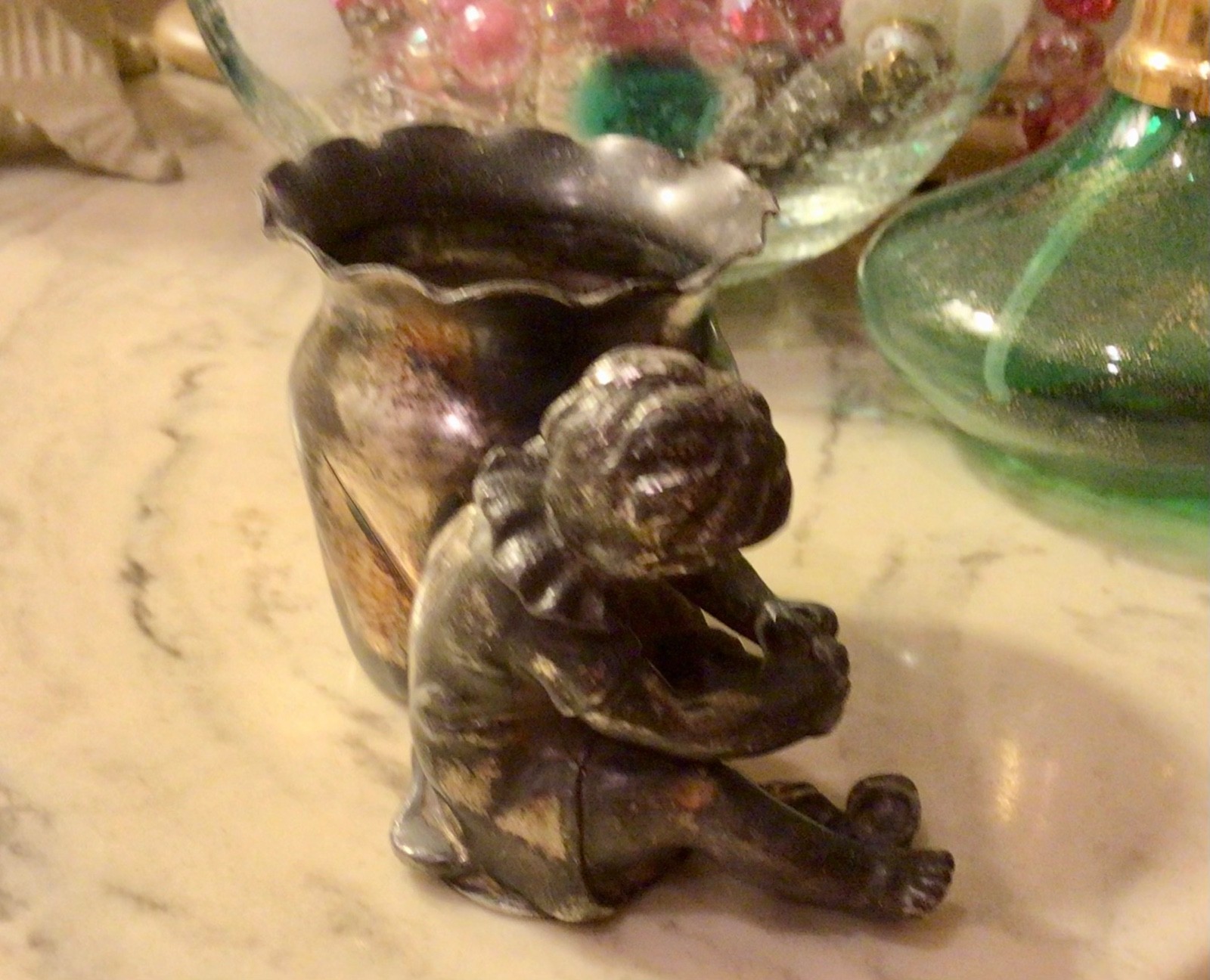 Antique DERBY SILVER Co Quadruple Plate Figural Cherub Toothpick/Match Holder