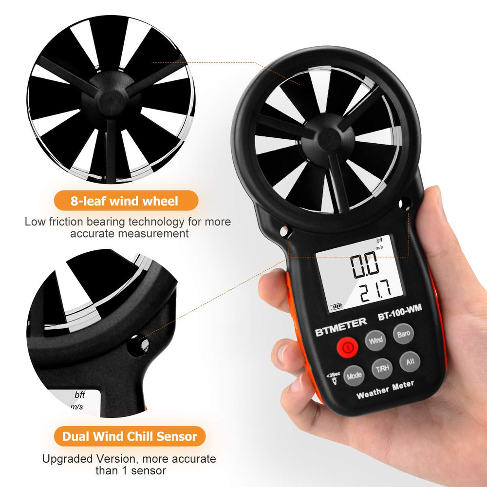 BTMETER Digital Anemometer Barometer Handheld, for Wind Speed Temperature Wind C