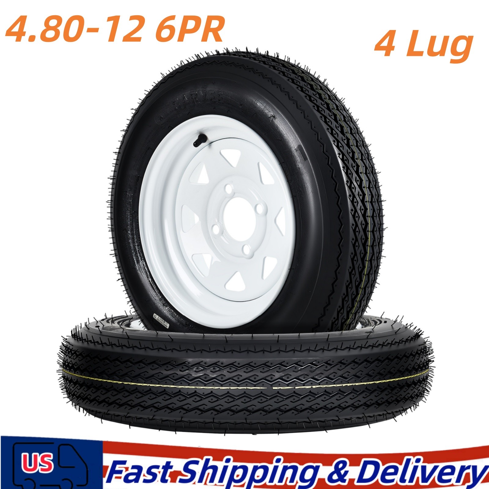 2 Pack 480-12 4.80x12 4.80-12 4.8-12 Trailer Tires with 12'' Rims, 4 Lug on 4"