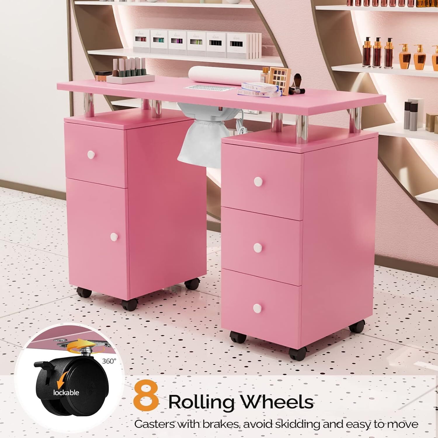 Pink Manicure Table Nail Desk Nail Table Beauty Salon Station w/ Dust Collector