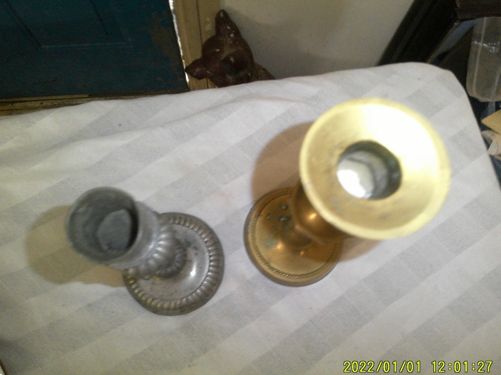 2 DIFFERENT STEM CANDLE HOLDER BRASS MAYBE PEWTER