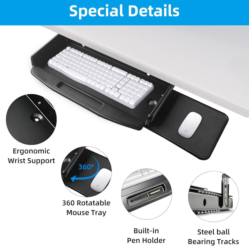 Solid Steel under Desk Keyboard Tray Slide Out with 360° Rotating Mouse Platform