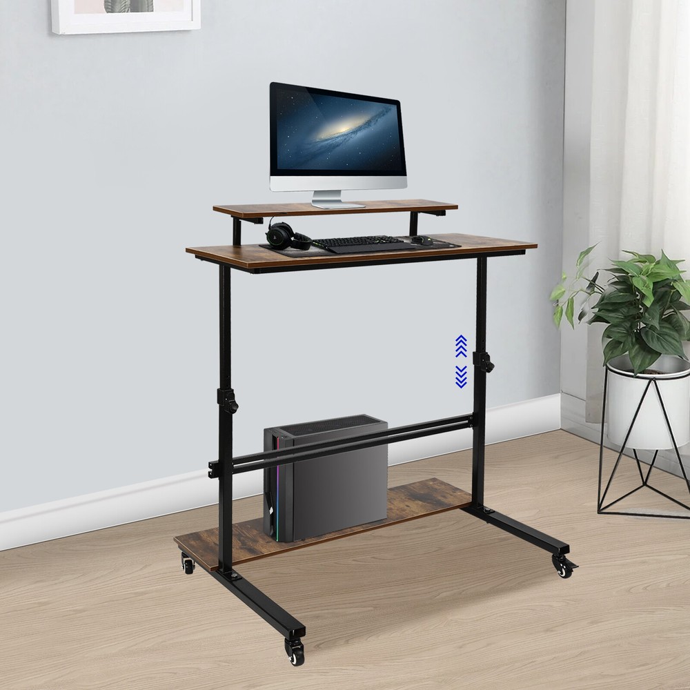 Rolling Laptop Desk Adjustable Height Computer Table Stand up Office Workstation