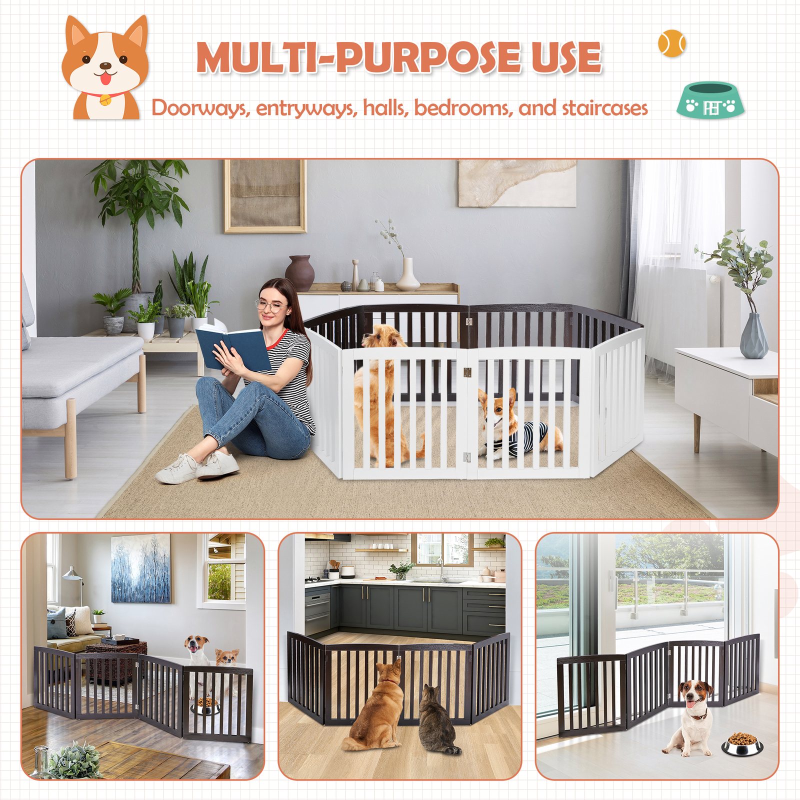 Freestanding Pet Dog Gate 4 Panels Indoor Foldable Dog Fence for Stairs Brown