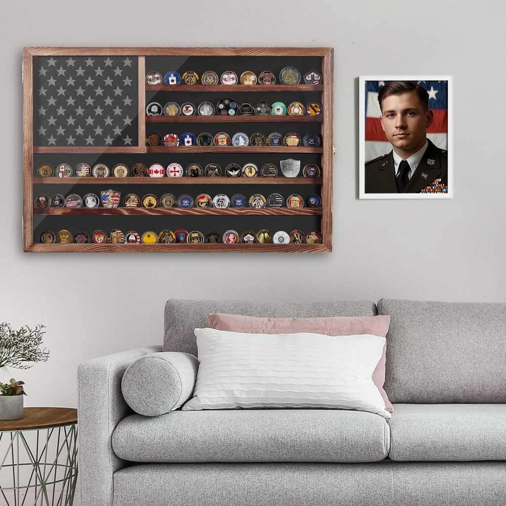MOCAS Challenge Coin Display Case Lockable Solid Wood Wall Mount Holder Removabl