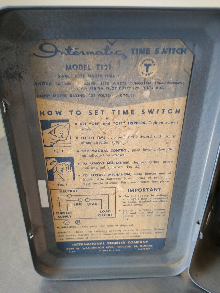 Intermatic TIMER Model T101 30 Amp 24-Hour Dial Time Switch Timer - Single Pole