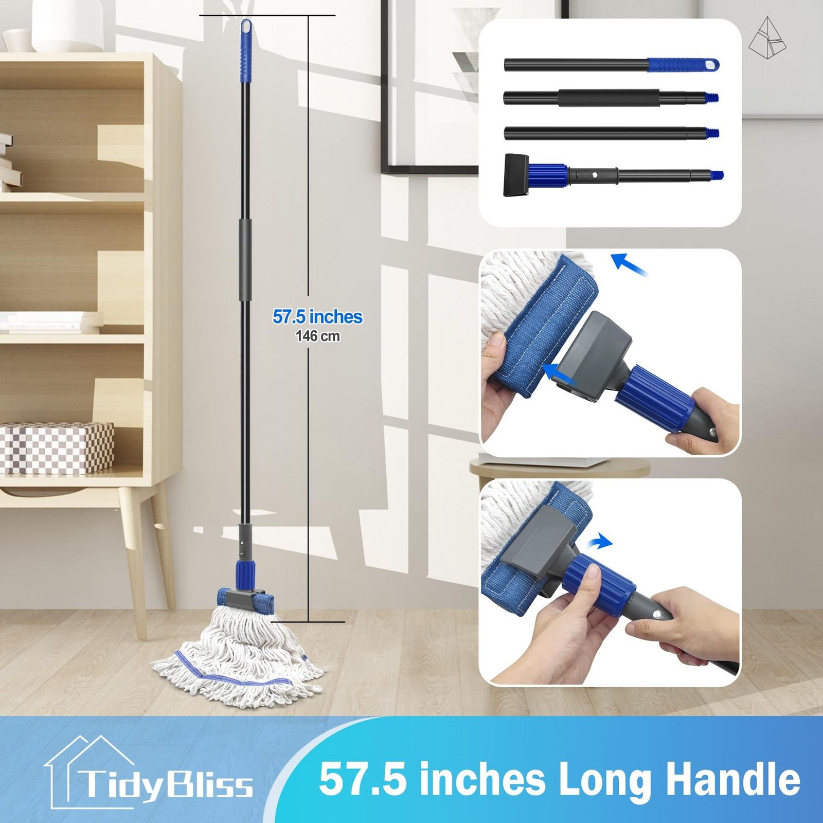 Commercial Mop Heavy Duty, 57.5 inches Long Handle Large Looped-End Industria...