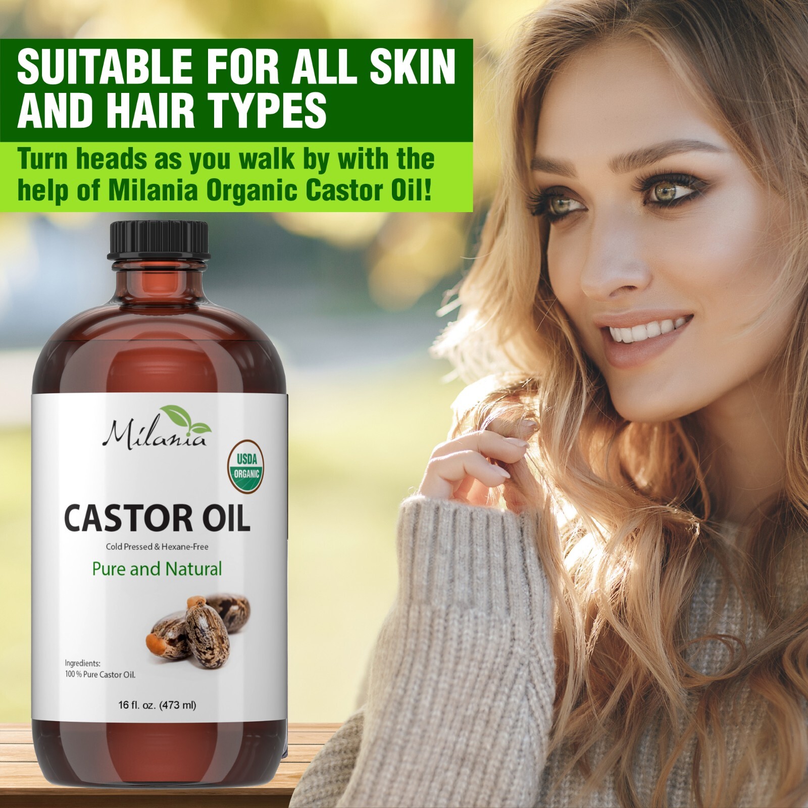 Milania Organic Castor Oil (16oz) - Glass Bottle - Cold Pressed & Hexane-Free.