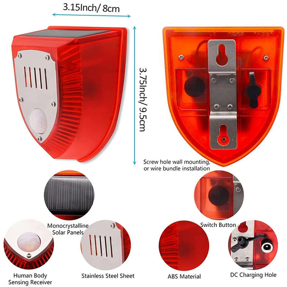 Solar Alarm LED Light Solar Strobe Light Wireless Motion Sensor Detector Outdoor