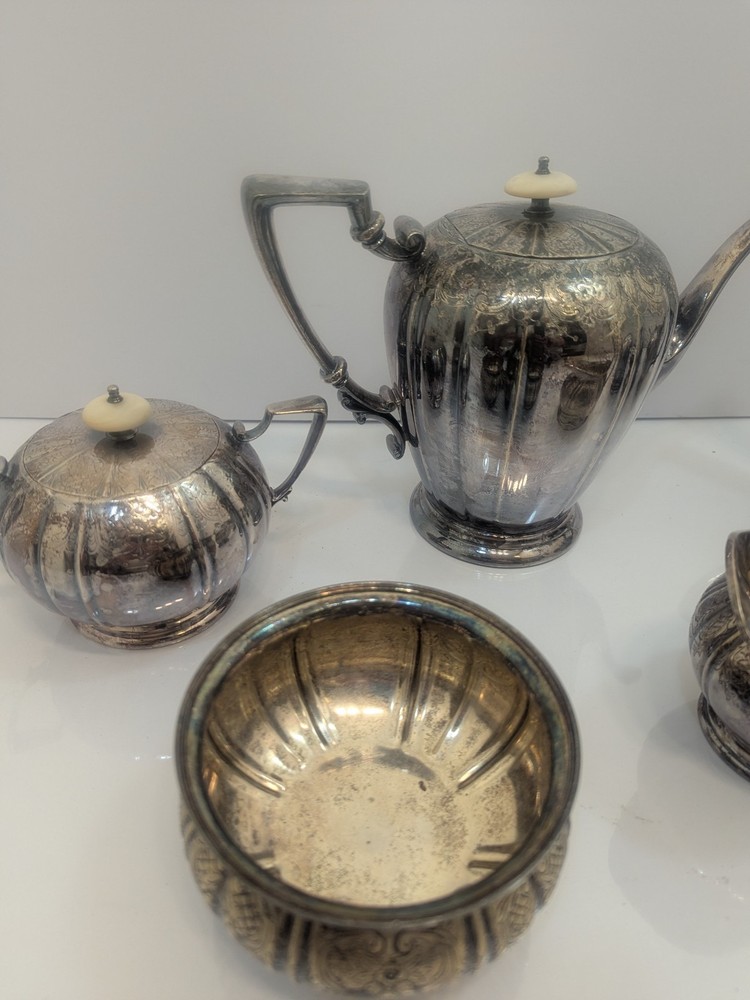 Antique Victorian Silverplate Tea Coffee Set Floral Engraved Serving Set...G6