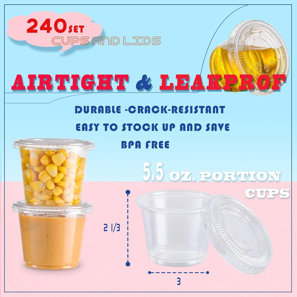 Portion Cups with Lids, 240 Sets - 5.5 Oz Airtight, Stackable Souffle Cups, Sala