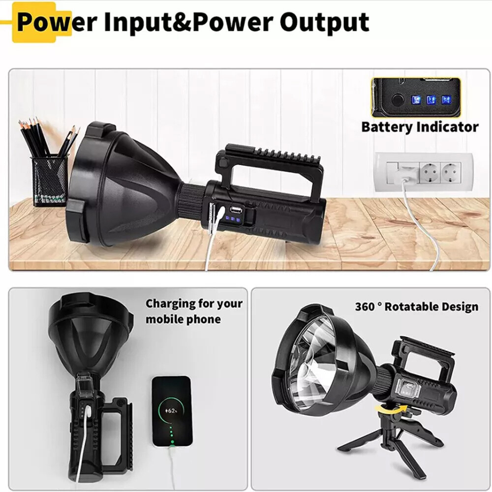 Super Bright LED Searchlight Portable Rechargeable Spotlight Handheld Flashlight