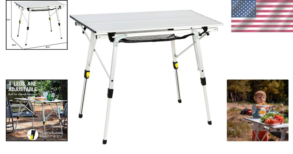 Adjustable Folding Camping Table with Rolling Aluminum Top - 35.4"