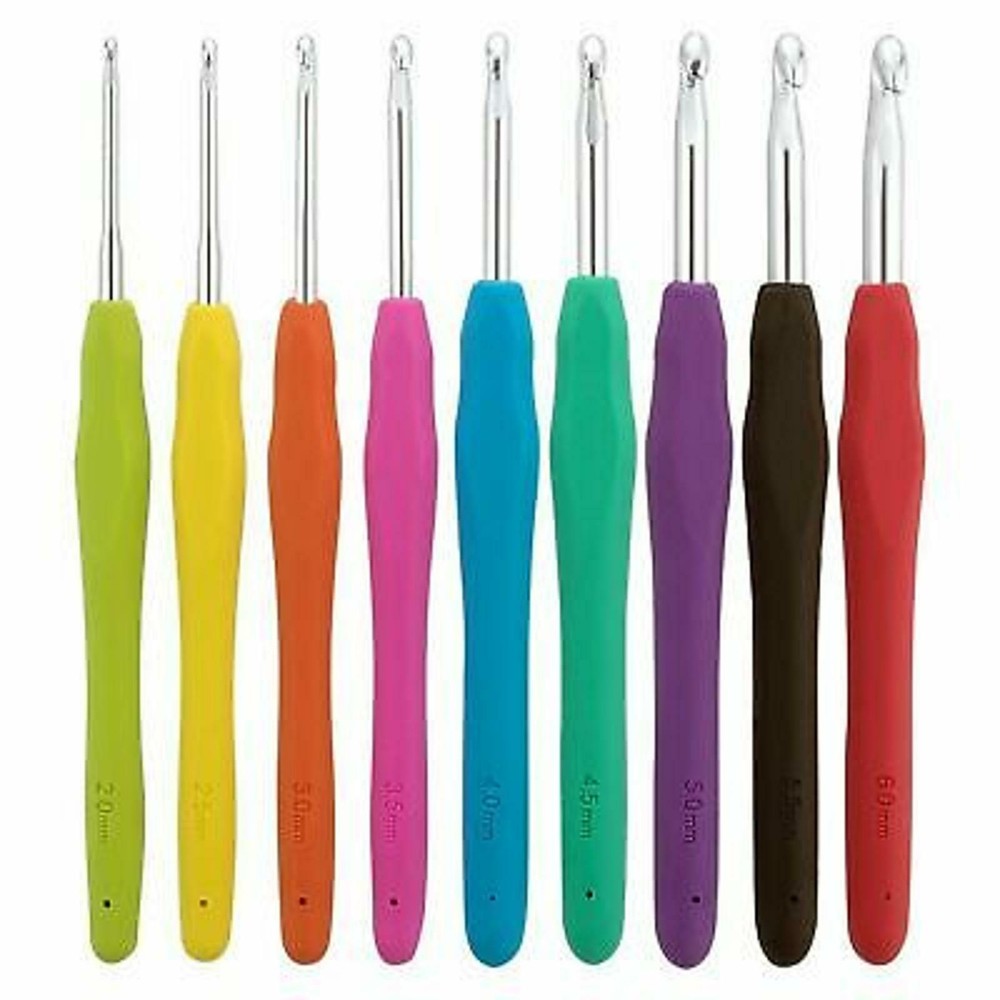 Crochet Hook Set 9Pc Soft Grip Ergonomic Aluminium Hooks 2mm-6mm Colour Coded